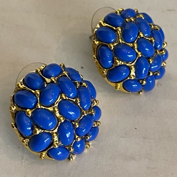 Vintage KJL by KENNETH Jay Lane Dome Cabochon Stud Earrings Navy Blue Pierce - Picture 3 of 12